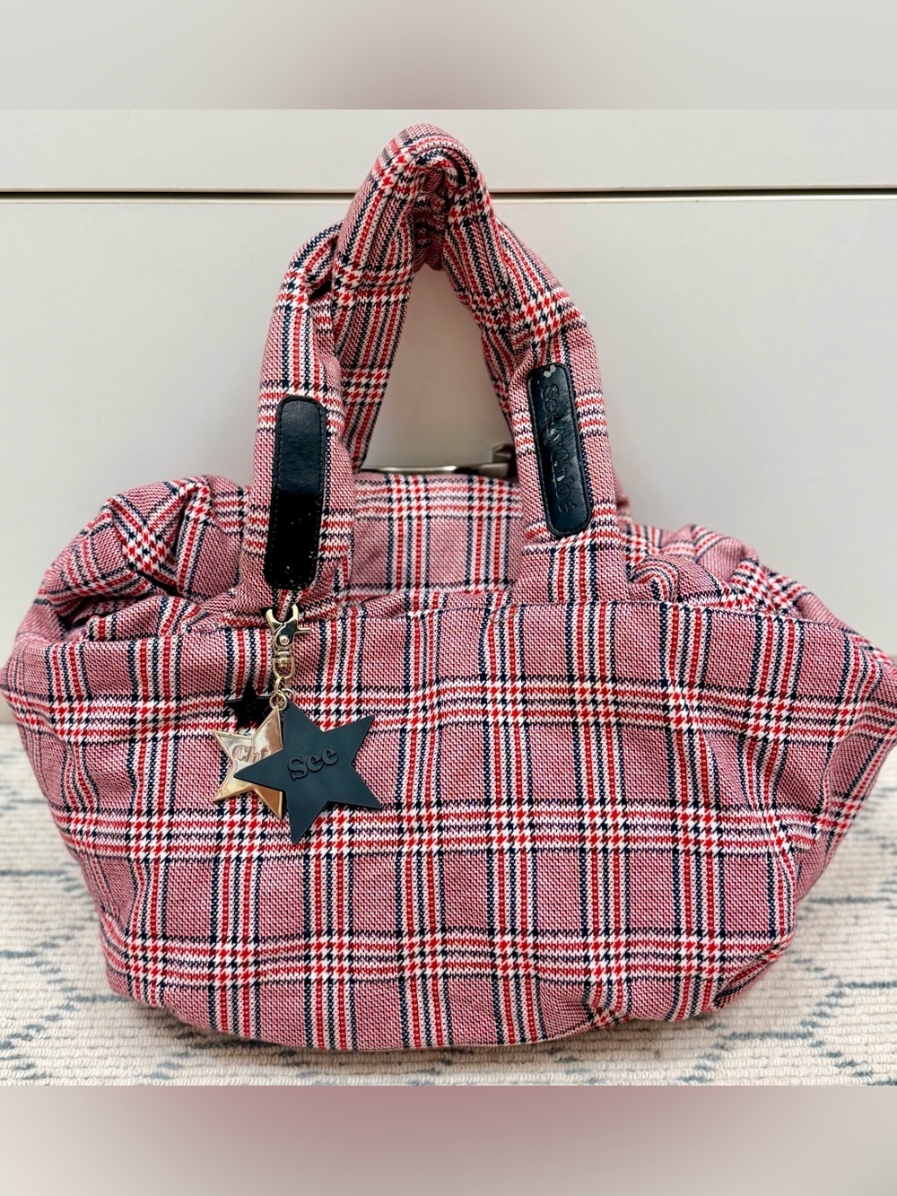 SEE BY CHLOE Vintage Y2K Joy Rider Tartan Puffy Plaid Tote Handbag W/ Charms